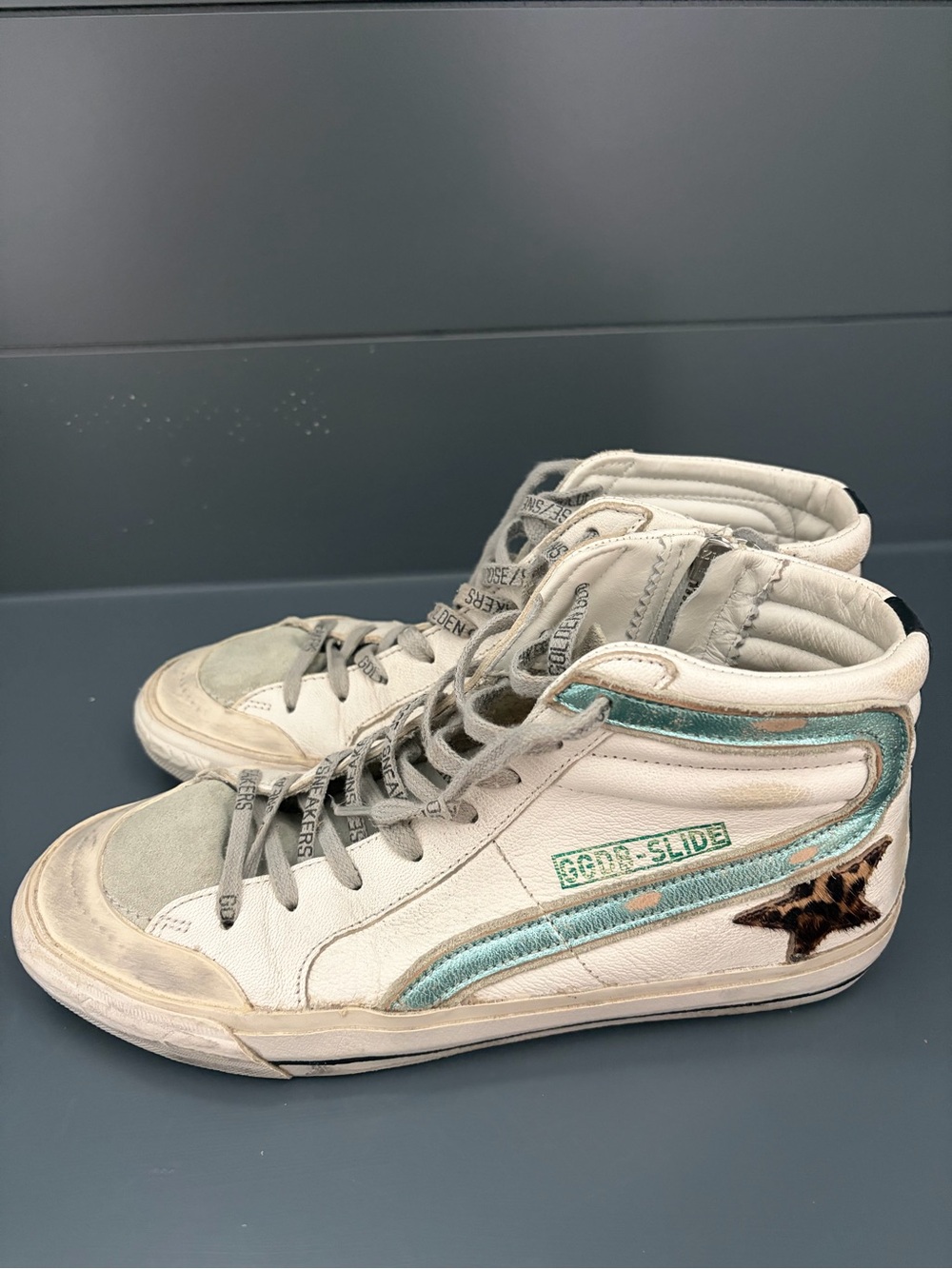 Golden Goose Women’s Sz 38 White & Teal High-Top Sneakers with Leopard Star